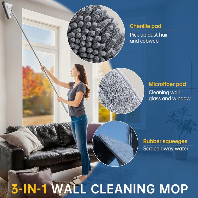 POPMOP Wall Cleaner Mop with Long Handle, Wall Duster with Extension Pole, 3-in-1 Wall Cleaner, Dust Mop with 5 Reusable Pads - Image 2